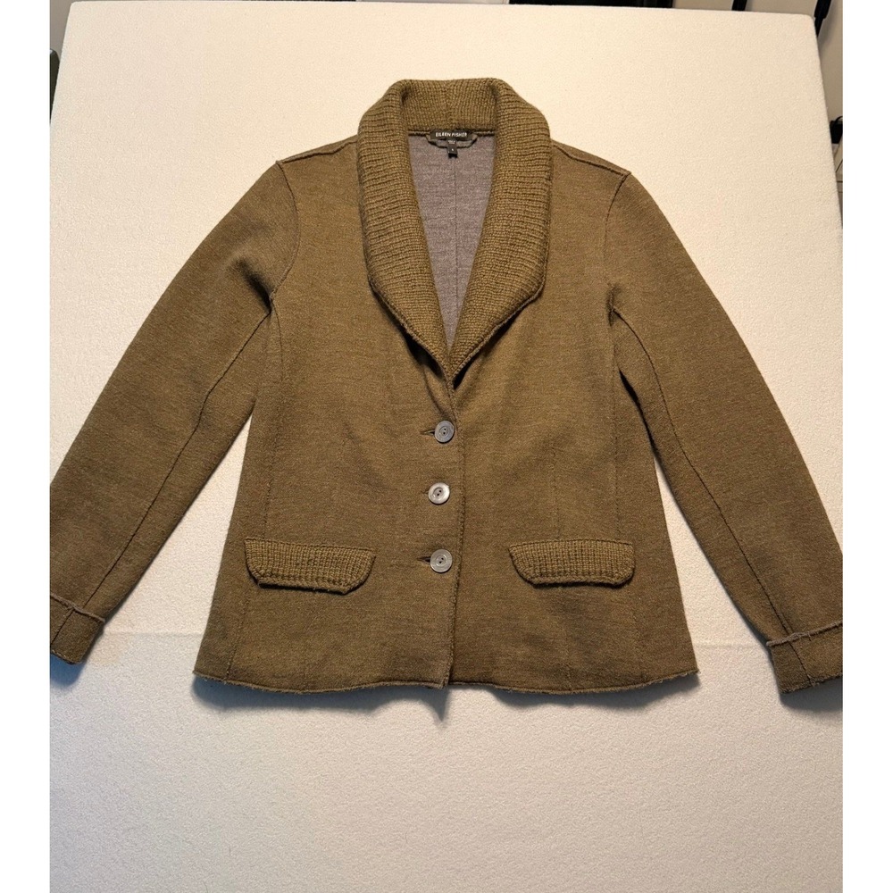 Eileen Fisher Shawl Collar Merino Wool Knit Blazer Olive Green Women Size S